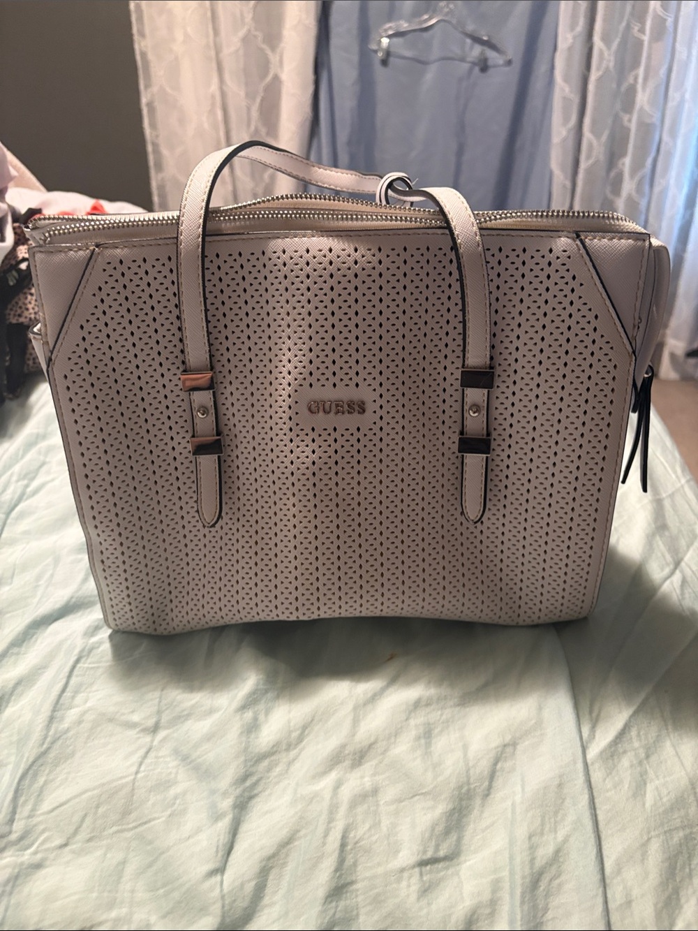 GUESS Perforated Tote in Light Gray with Silver Hardware